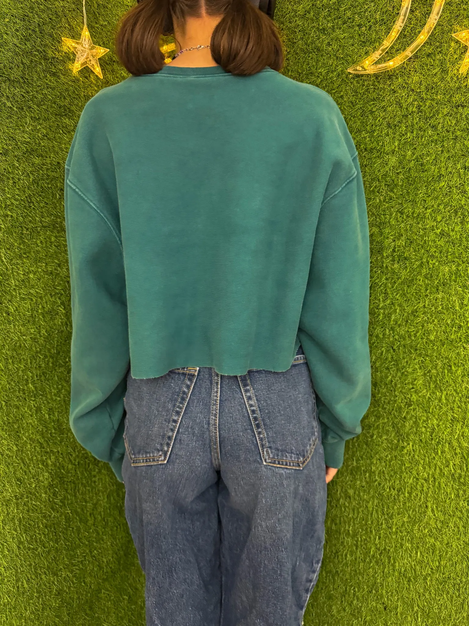 Champion with Little Hearts Teal Cropped Crewneck M
