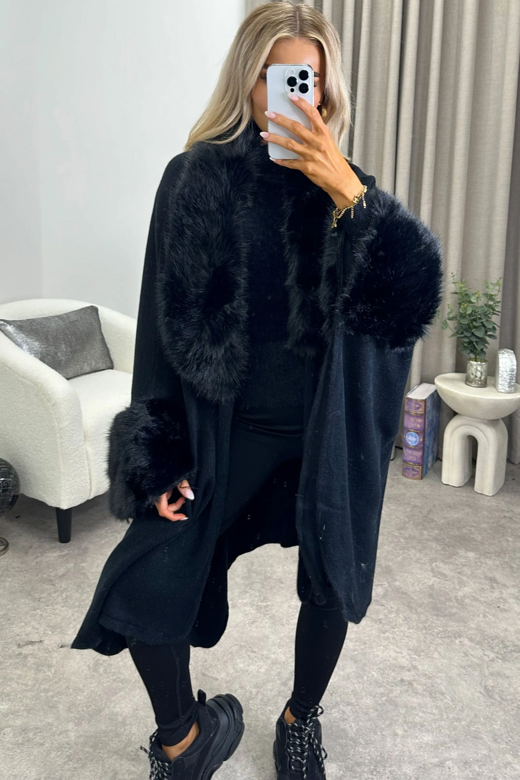 Channon Black Faux Fur Trim Open Front Cape