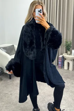 Channon Black Faux Fur Trim Open Front Cape