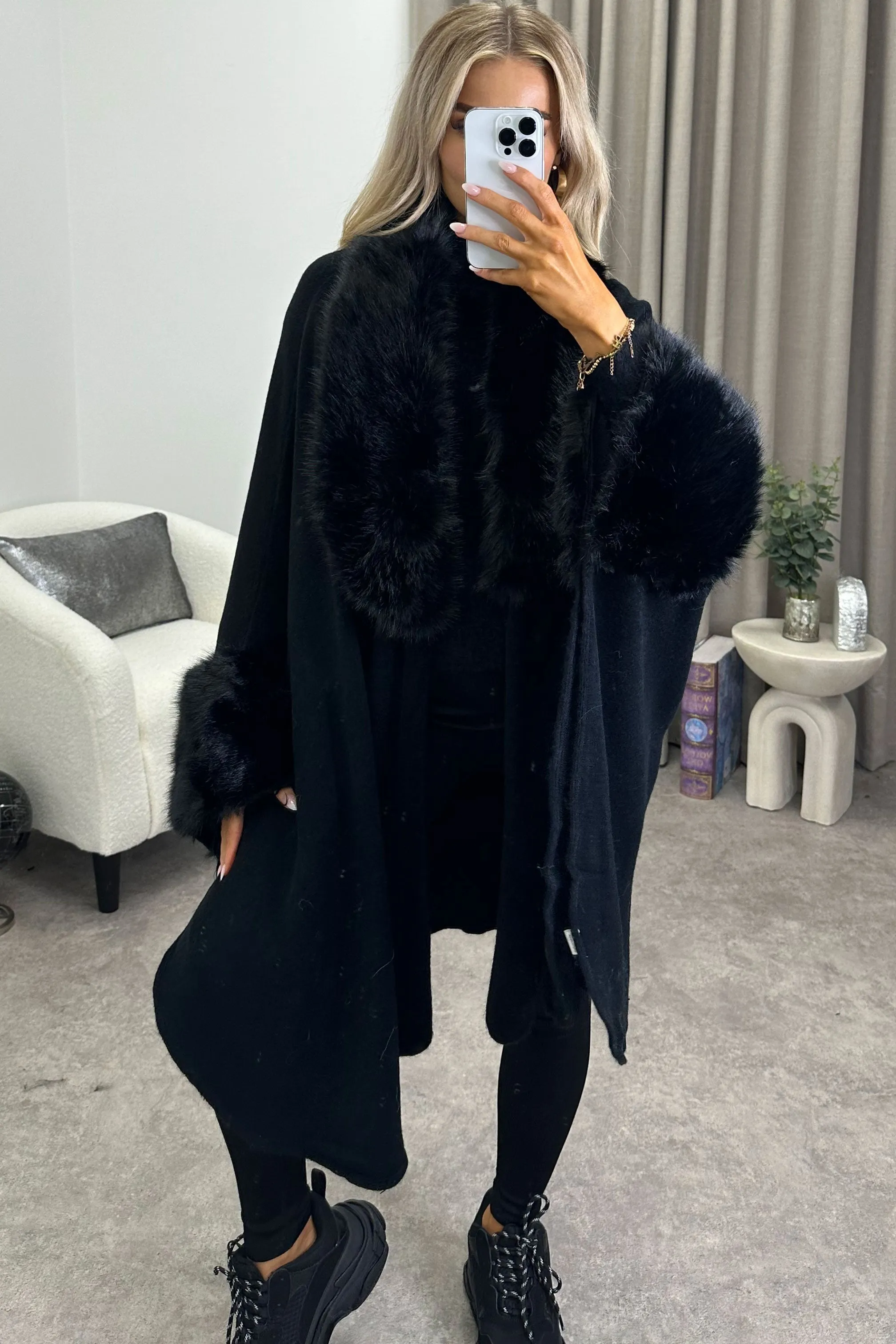 Channon Black Faux Fur Trim Open Front Cape