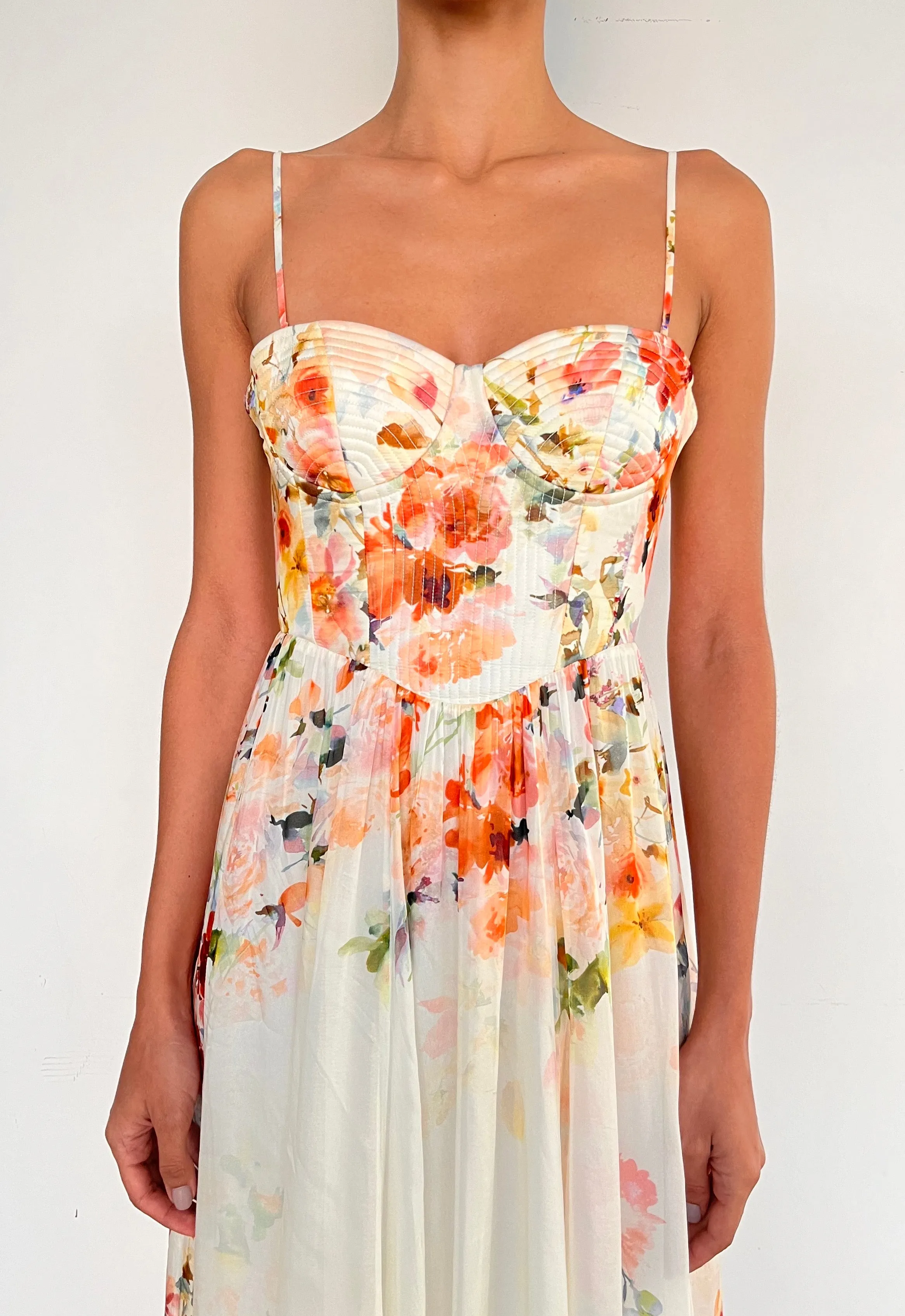 CORSETTED LONG DRESS IN IVORY FLORAL
