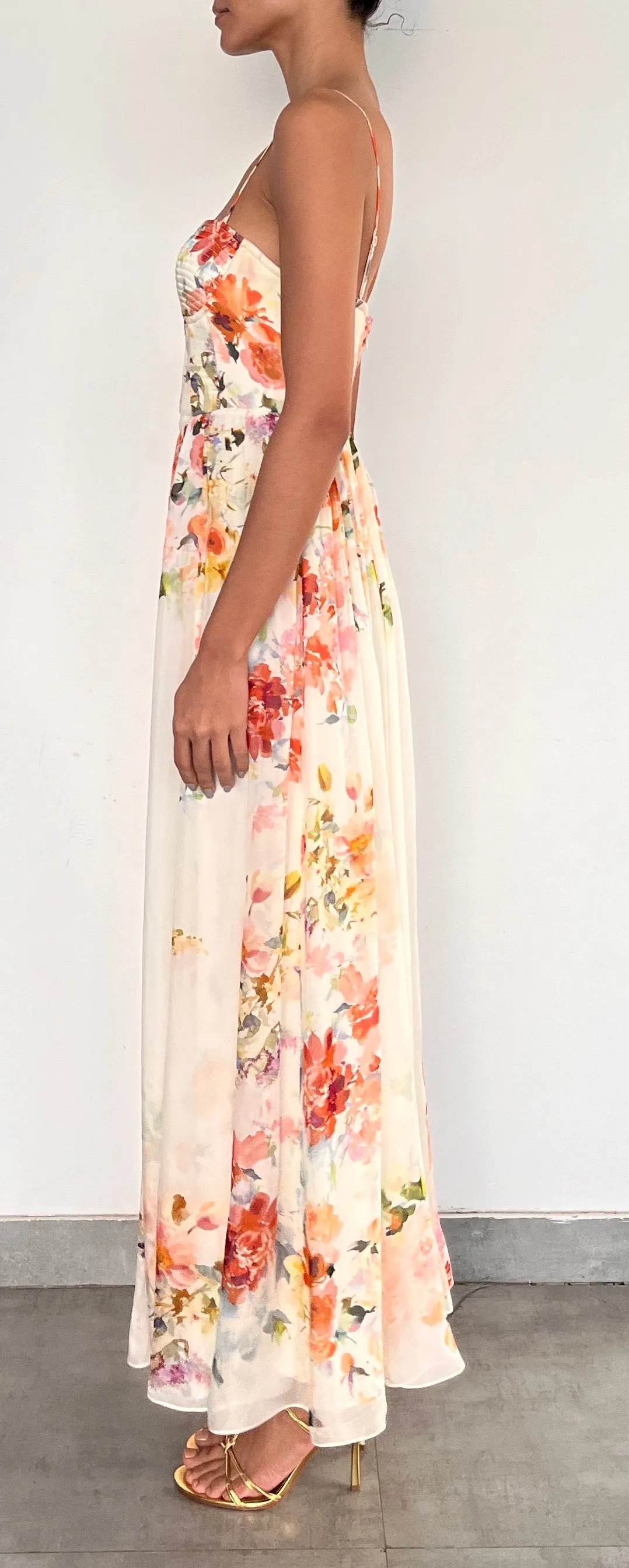 CORSETTED LONG DRESS IN IVORY FLORAL