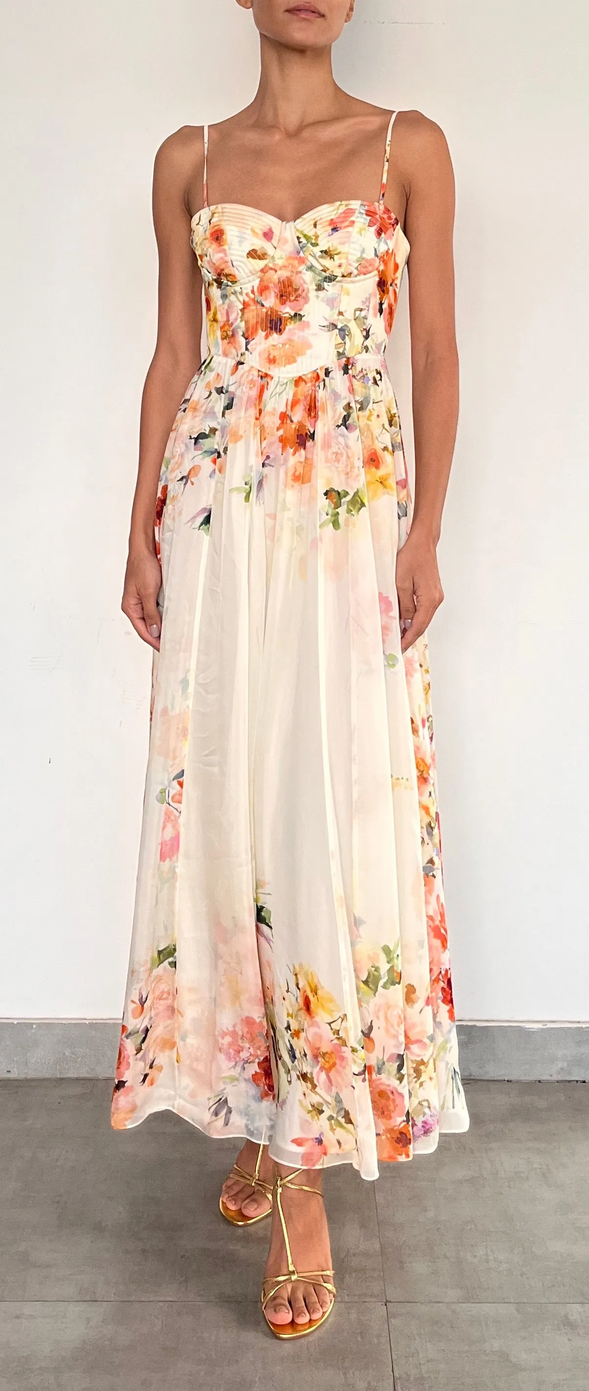 CORSETTED LONG DRESS IN IVORY FLORAL