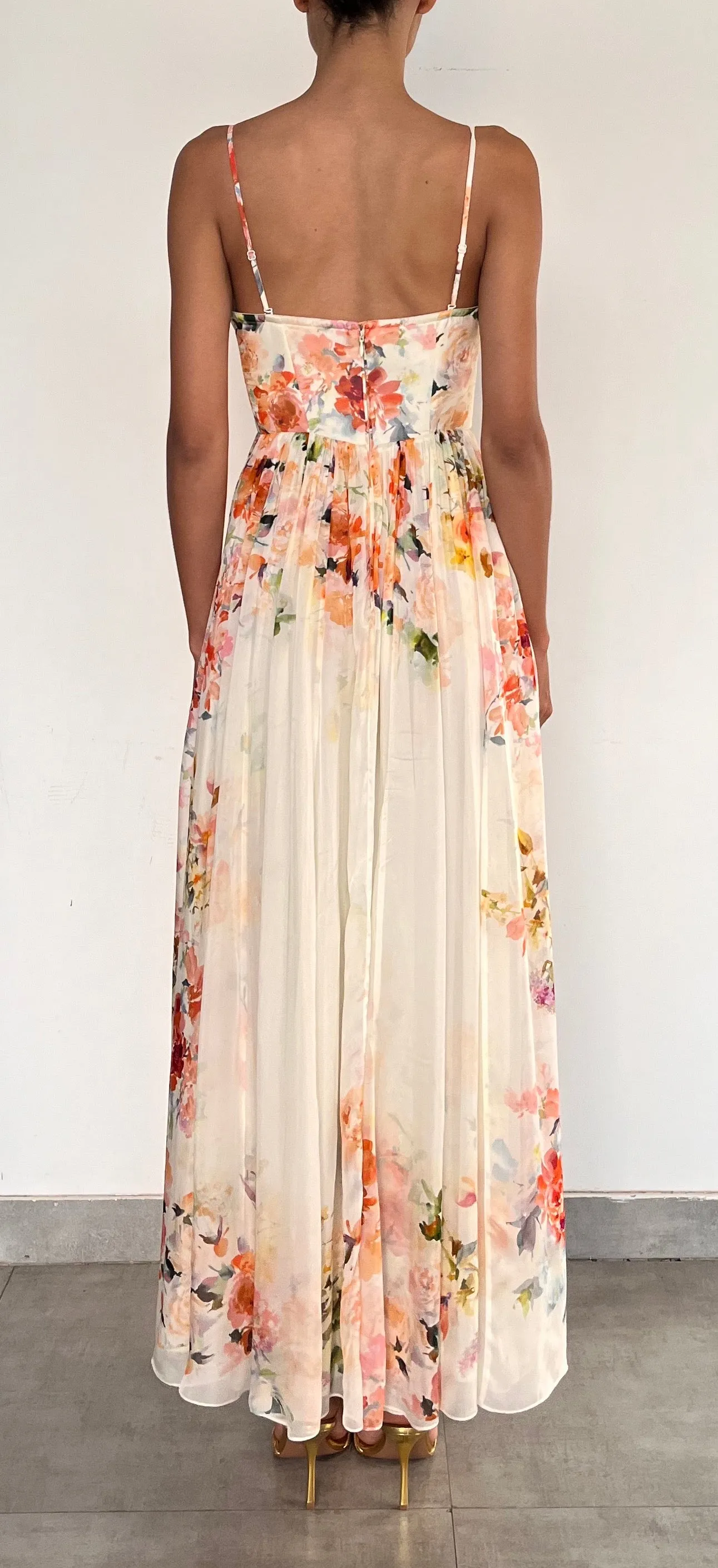 CORSETTED LONG DRESS IN IVORY FLORAL