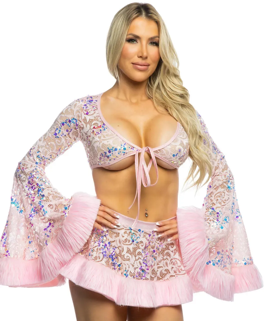 JR174 - Sequin Faux Fur Trimmed Wrap Top