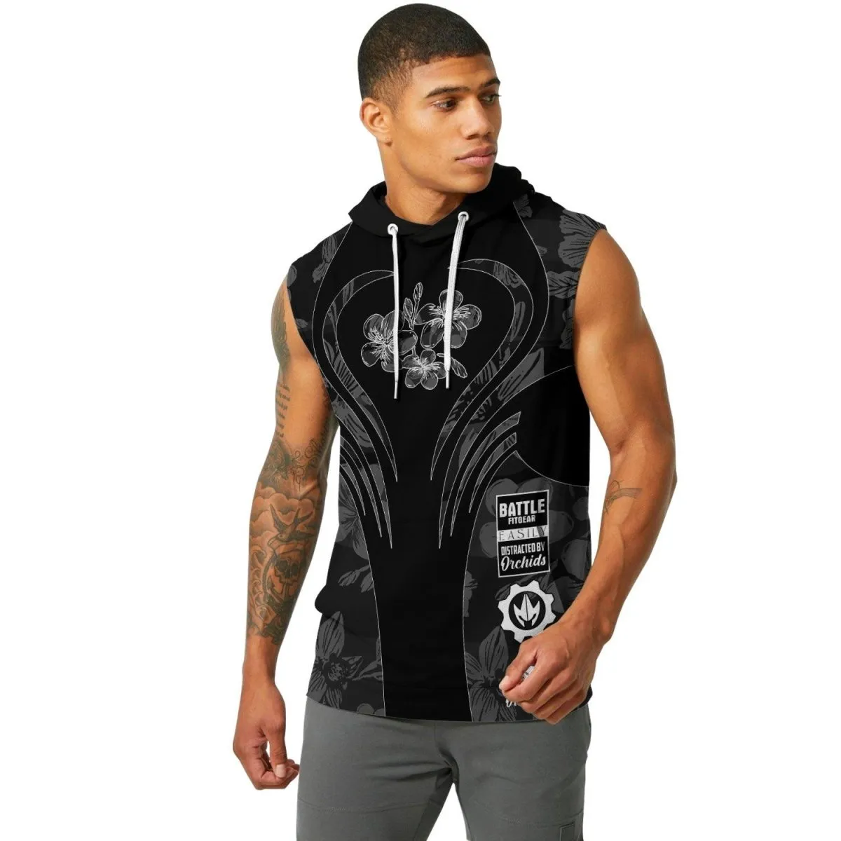 Orchid Series Floral Black Heart Pattern Sleeveless Pullover & Zip Hoodie