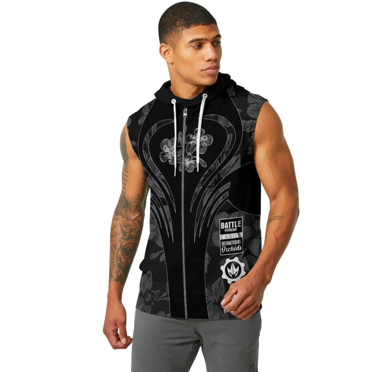 Orchid Series Floral Black Heart Pattern Sleeveless Pullover & Zip Hoodie
